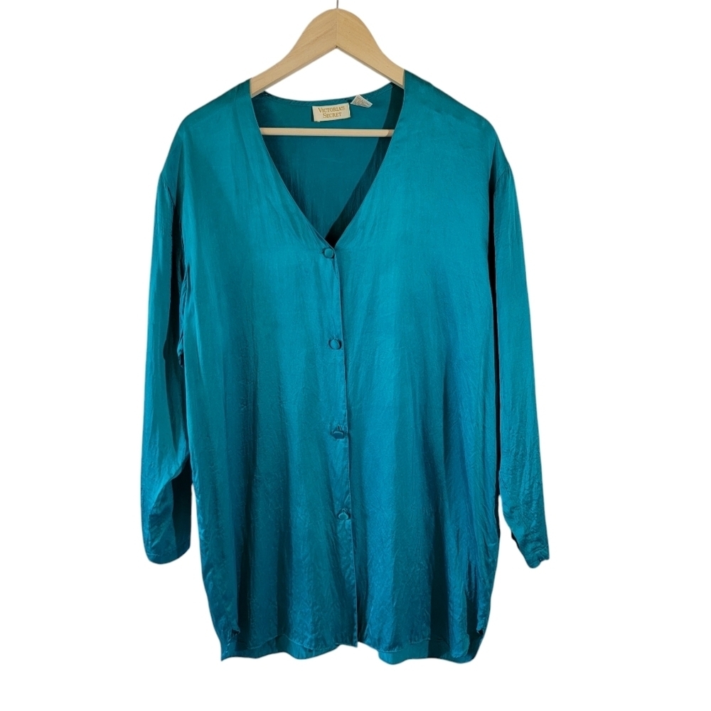 VTG Gold Lable VICTORIA'S SECRET Teal Button-Up Pajama Tunic Dress L 100% Silk